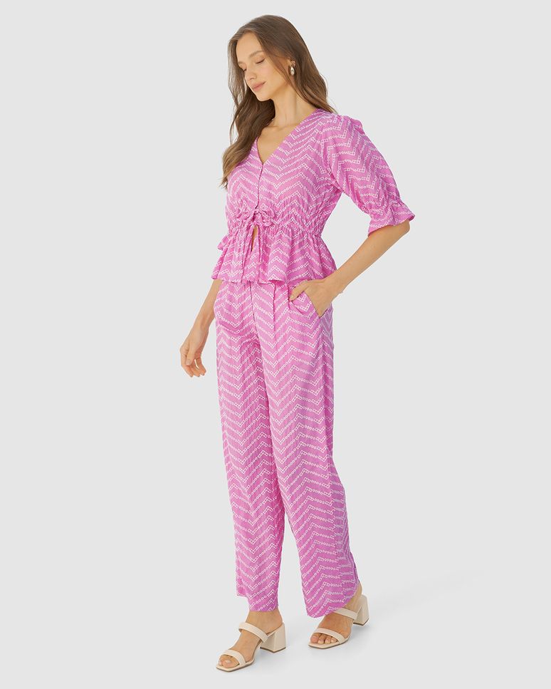 Calça Reta Feminina Em Algodão Bordado