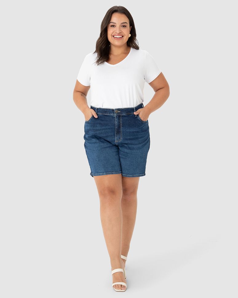 Bermuda Feminina Plus Size Boyfriend Em Jeans Com Elastano