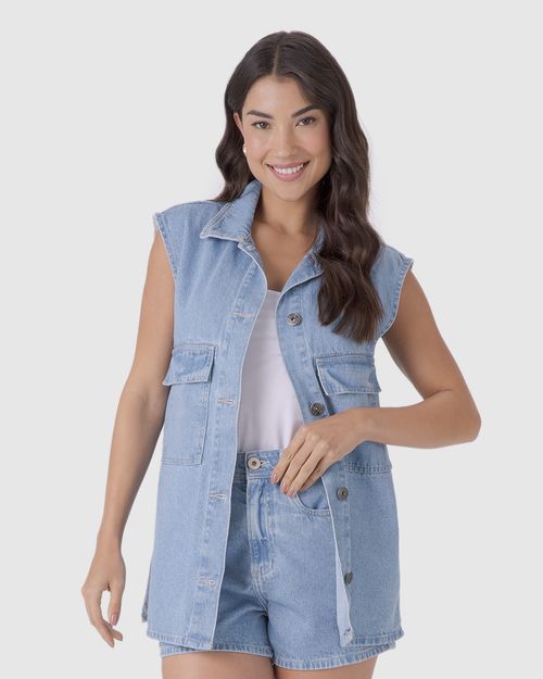Colete Feminino Alongado Em Jeans 100% Algodão
