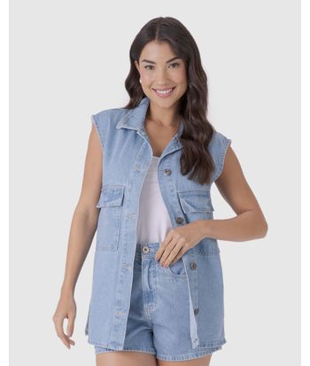 Colete Feminino Alongado Em Jeans 100% Algodão