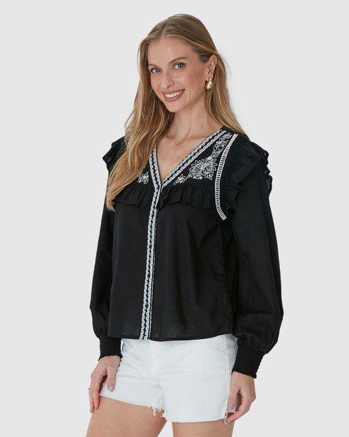 Camisa Feminina Manga Longa Com Babados Em Tricoline