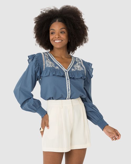 Camisa Feminina Manga Longa Com Babados Em Tricoline