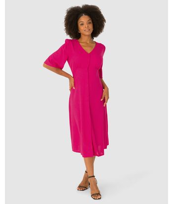 Vestido Midi Feminino Abotoamento Frontal Em Viscolinho