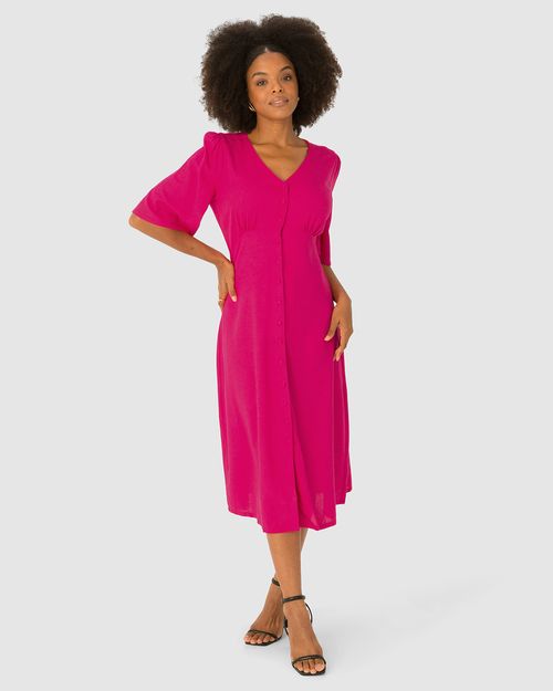 Vestido Midi Feminino Abotoamento Frontal Em Viscolinho