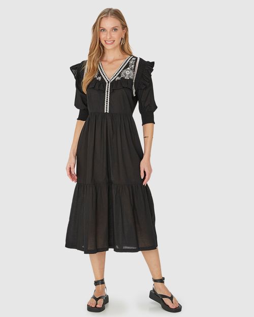 Vestido Midi Feminino Manga 3/4 Com Babados Em Tricoline