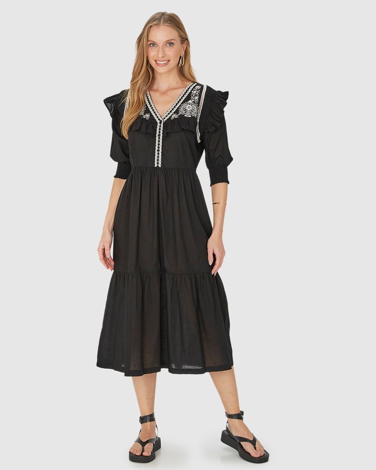 Vestido Midi Feminino Manga 3/4 Com Babados Em Tricoline