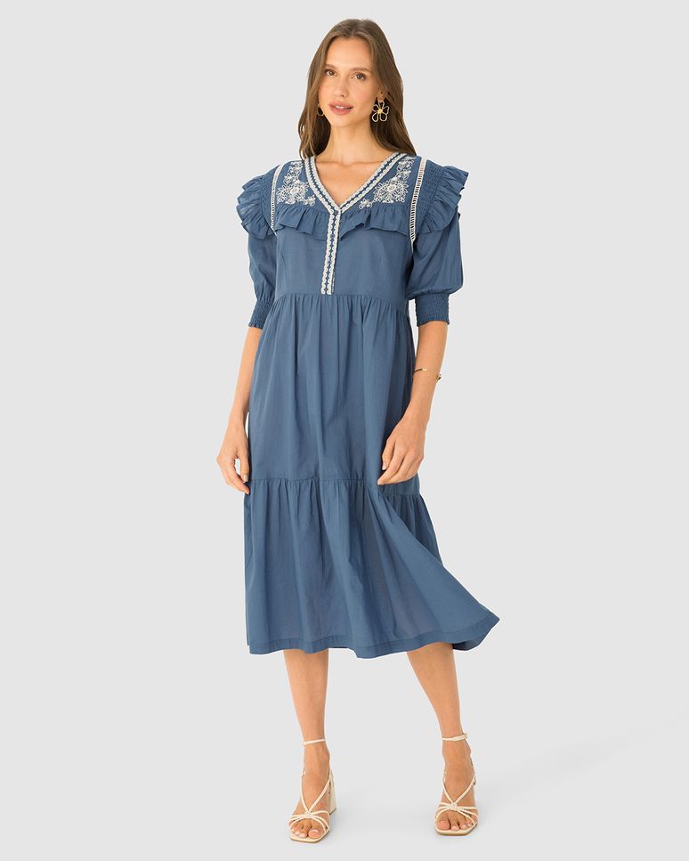 Vestido Midi Feminino Manga 3/4 Com Babados Em Tricoline