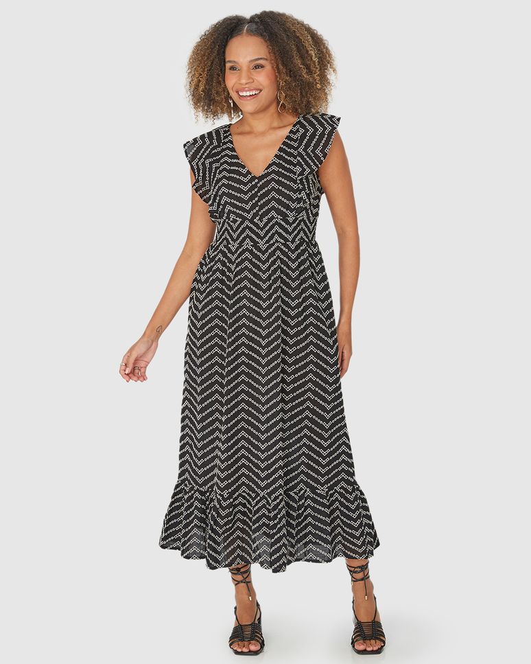 Vestido Midi Feminino Babado Frente E Costas Em Algodão Bordado