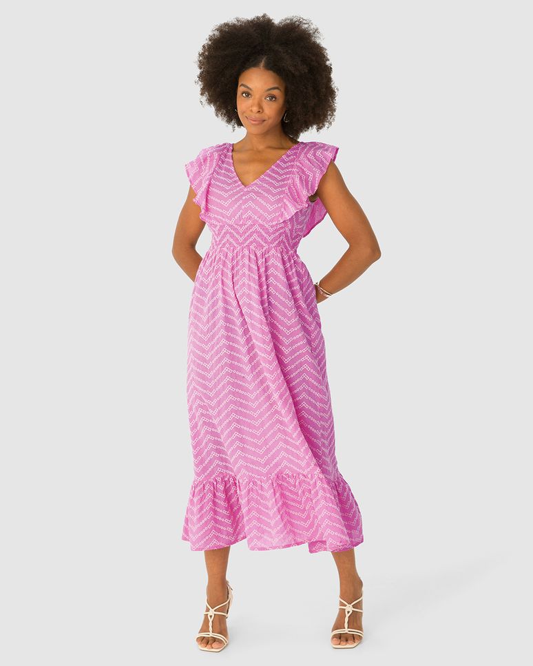 Vestido Midi Feminino Babado Frente E Costas Em Algodão Bordado