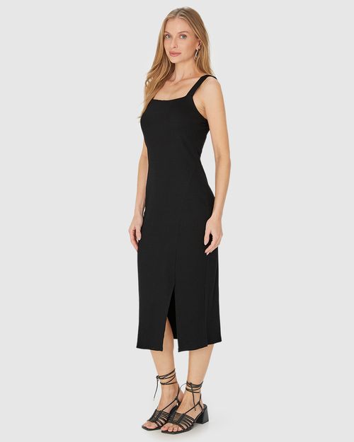 Vestido Midi Feminino Alça Larga Fenda Frontal Em Ribana