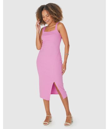 Vestido Midi Feminino Alça Larga Fenda Frontal Em Ribana