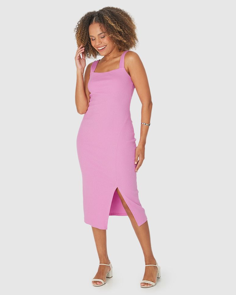 Vestido Midi Feminino Alça Larga Fenda Frontal Em Ribana