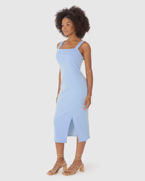 Vestido Midi Feminino Alça Larga Fenda Frontal Em Ribana