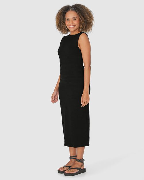 Vestido Midi Feminino Acinturado Fenda Posterior Em Malha Texturizada