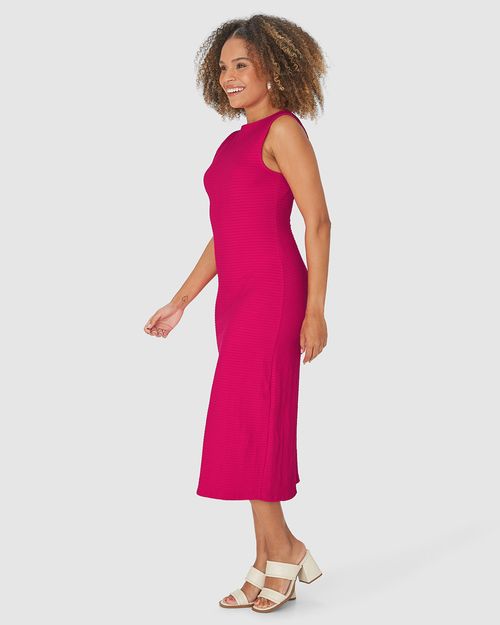 Vestido Midi Feminino Acinturado Fenda Posterior Em Malha Texturizada