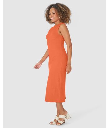 Vestido Midi Feminino Acinturado Fenda Posterior Em Malha Texturizada