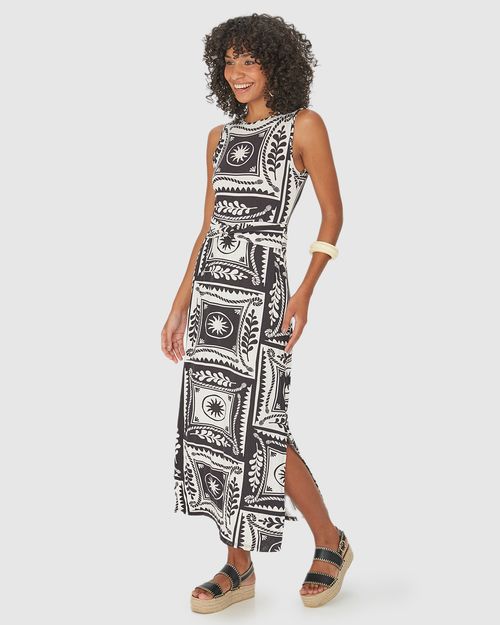 Vestido Midi Feminino Estampado Com Faixa Amarração Em Viscolinho Stretch