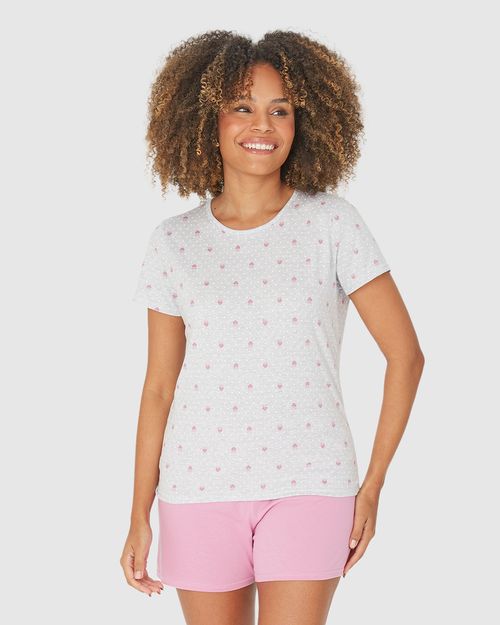 Pijama Feminino Blusa Manga Curta Estampada Em Algodão