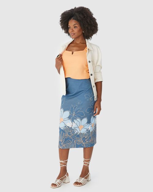 Saia Lápis Feminina Estampada Em Algodão