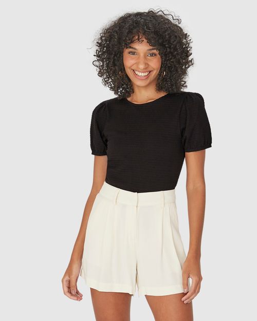 Blusa Long Cropped Feminina Manga Bufante Em Malha Texturizada