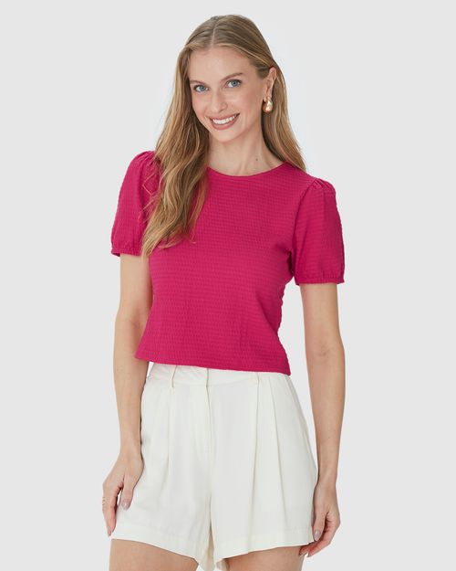 Blusa Long Cropped Feminina Manga Bufante Em Malha Texturizada