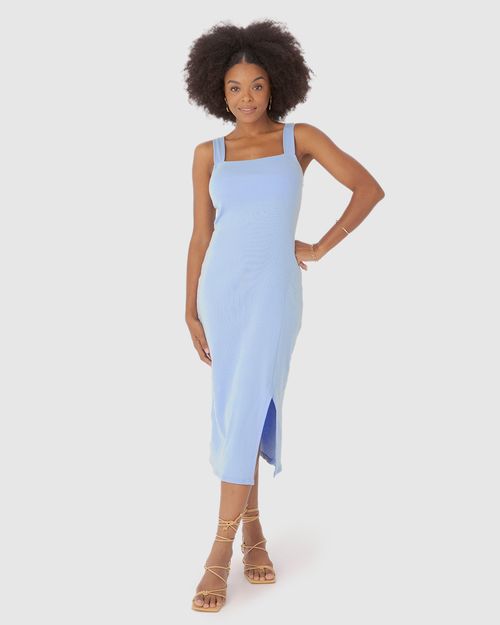 Vestido Midi Feminino Alça Larga Fenda Frontal Em Ribana