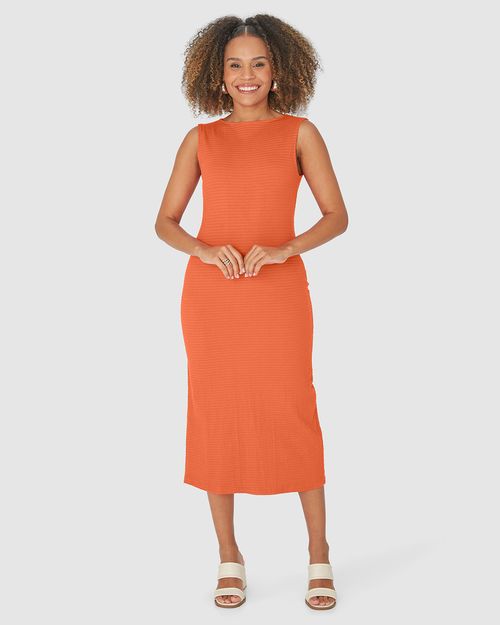 Vestido Midi Feminino Acinturado Fenda Posterior Em Malha Texturizada