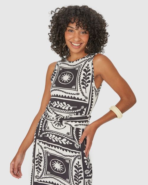 Vestido Midi Feminino Estampado Com Faixa Amarração Em Viscolinho Stretch