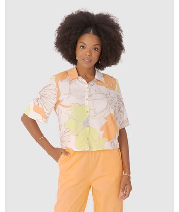 Camisa Long Cropped Feminina Floral Manga Curta Em Viscose