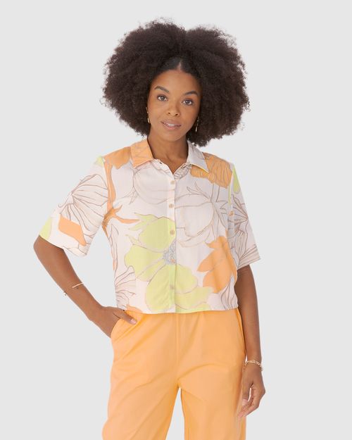 Camisa Long Cropped Feminina Floral Manga Curta Em Viscose