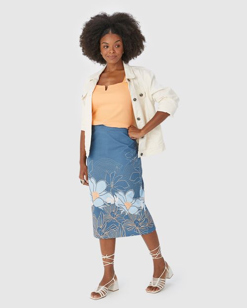 Saia Lápis Feminina Estampada Em Algodão