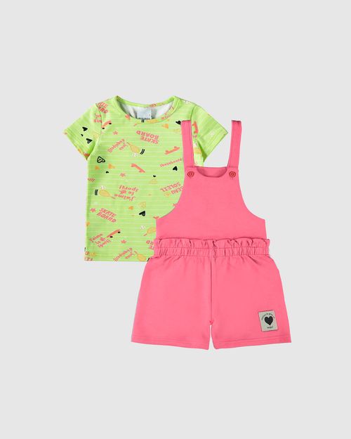 Conjunto Infantil Menina Jardineira Em Moletinho Rajado Malwee Kids