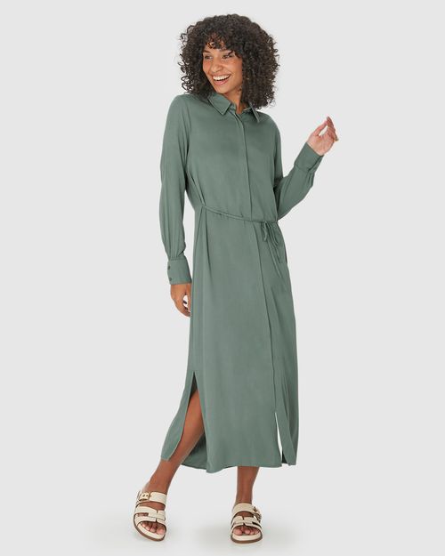 Vestido Chemise Feminino Manga Longa Em Viscose Sarjada