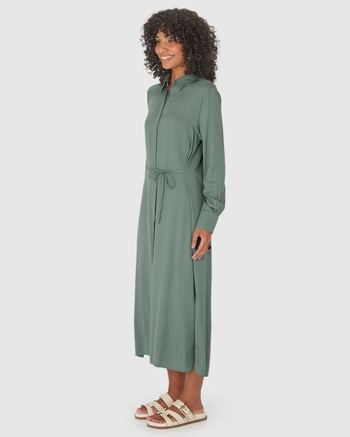 Vestido Chemise Feminino Manga Longa Em Viscose Sarjada