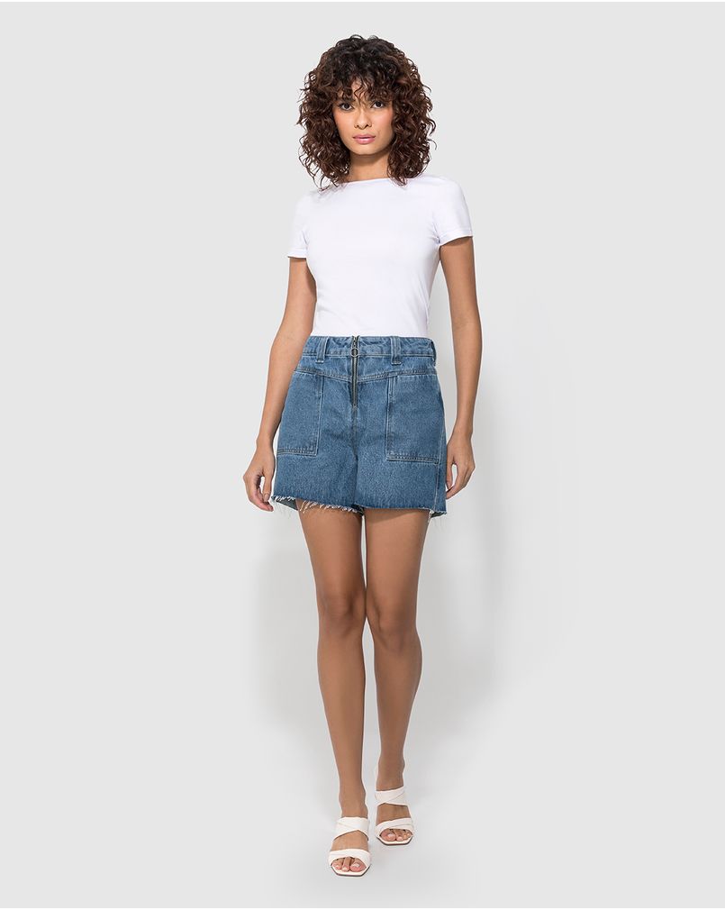 Shorts Finino Mom Recorte E Barra Desfiada Jeans 100% Algodão