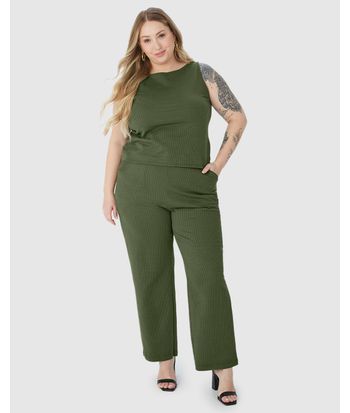 Calça Reta Feminina Plus Size Cós Elástico Em Malha Texturizada