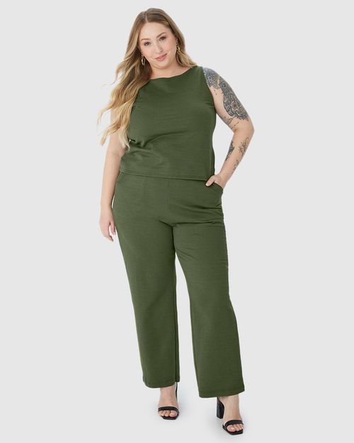Calça Reta Feminina Plus Size Cós Elástico Em Malha Texturizada