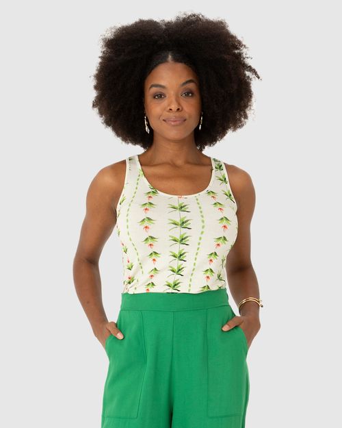 Regata Feminina Estampa Folhagem Em Viscose Stretch