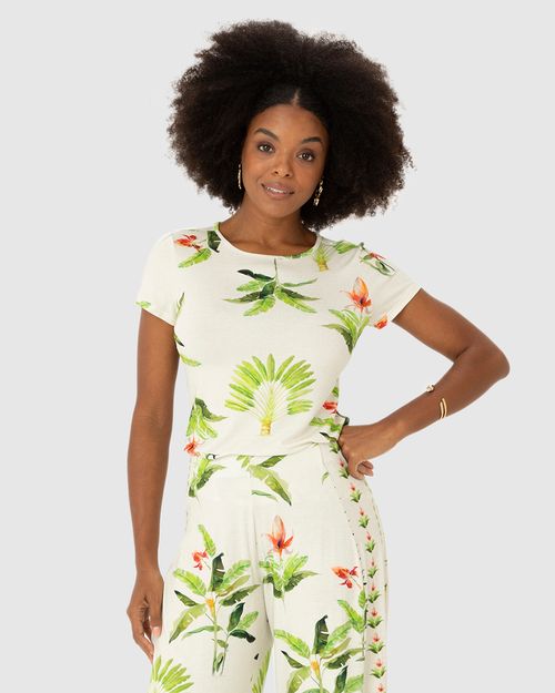 Blusa Feminina Decote Redondo Folhagem Em Viscose Stretch