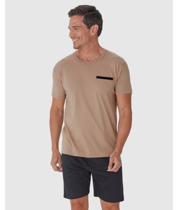 Pijama Masculino Camiseta Com Bolso Frontal Em Algodão