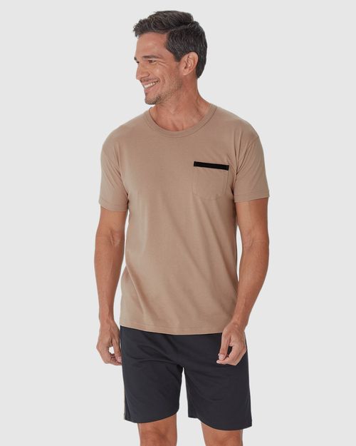 Pijama Masculino Camiseta Com Bolso Frontal Em Algodão