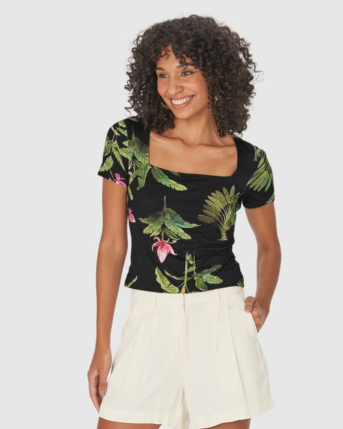 Blusa Feminina Folhagem Decote Quadrado Em Viscose Stretch