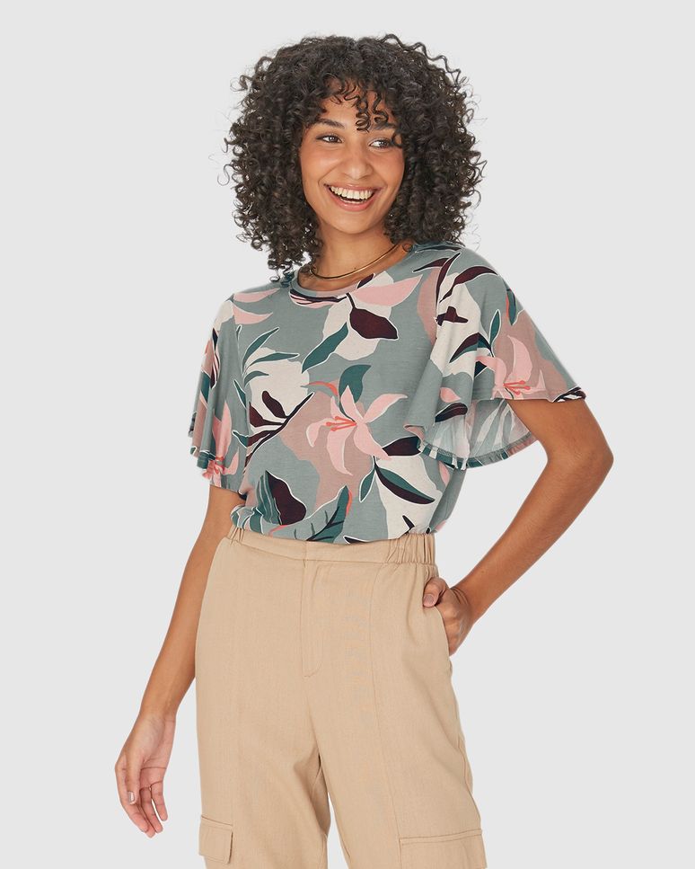 Blusa Feminina Estampa Folhagem Em Malha Viscolinho Stretch