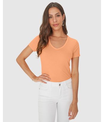 Blusa Básica Feminina Decote V Em Malha Canelada