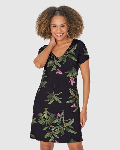 Vestido Feminino Evasê Estampa Folhagem Em Viscose Stretch