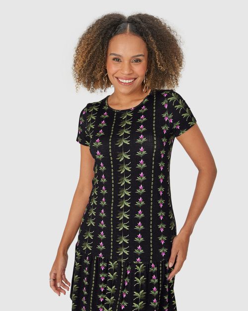 Vestido Feminino Folhagem Recorte Com Franzido Em Viscose Stretch
