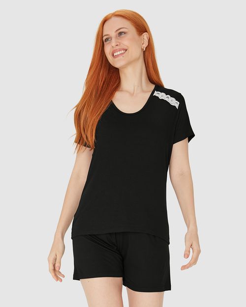 Pijama Feminino Blusa Com Detalhe Renda Em Malha Viscose Stretch