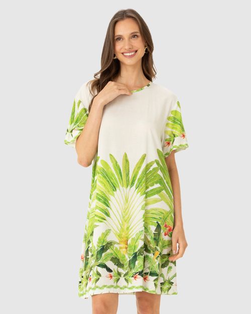 Vestido Reto Feminino Com Estampa Folhagem Em Viscose