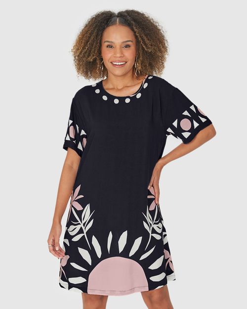 Vestido Reto Feminino Com Estampa Abstrata Em Viscose