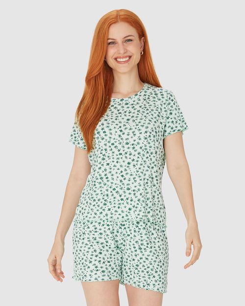 Pijama Feminino Manga Curta Estampado Em Malha De Viscose Canelada